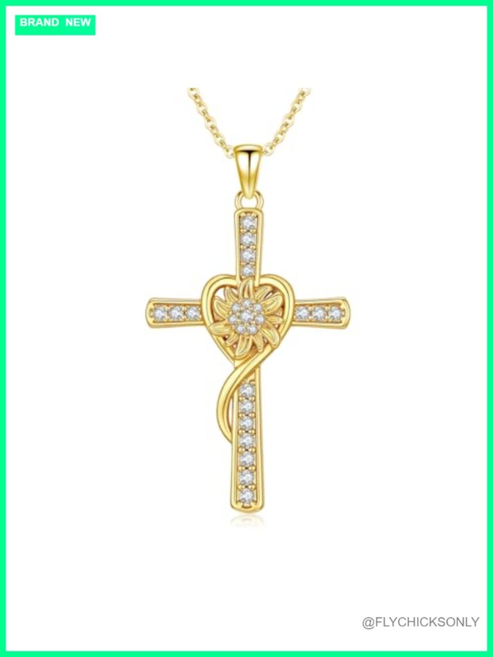 14K Gold Plated Cross Necklace Sunflower CZ Pendant 18" Chain